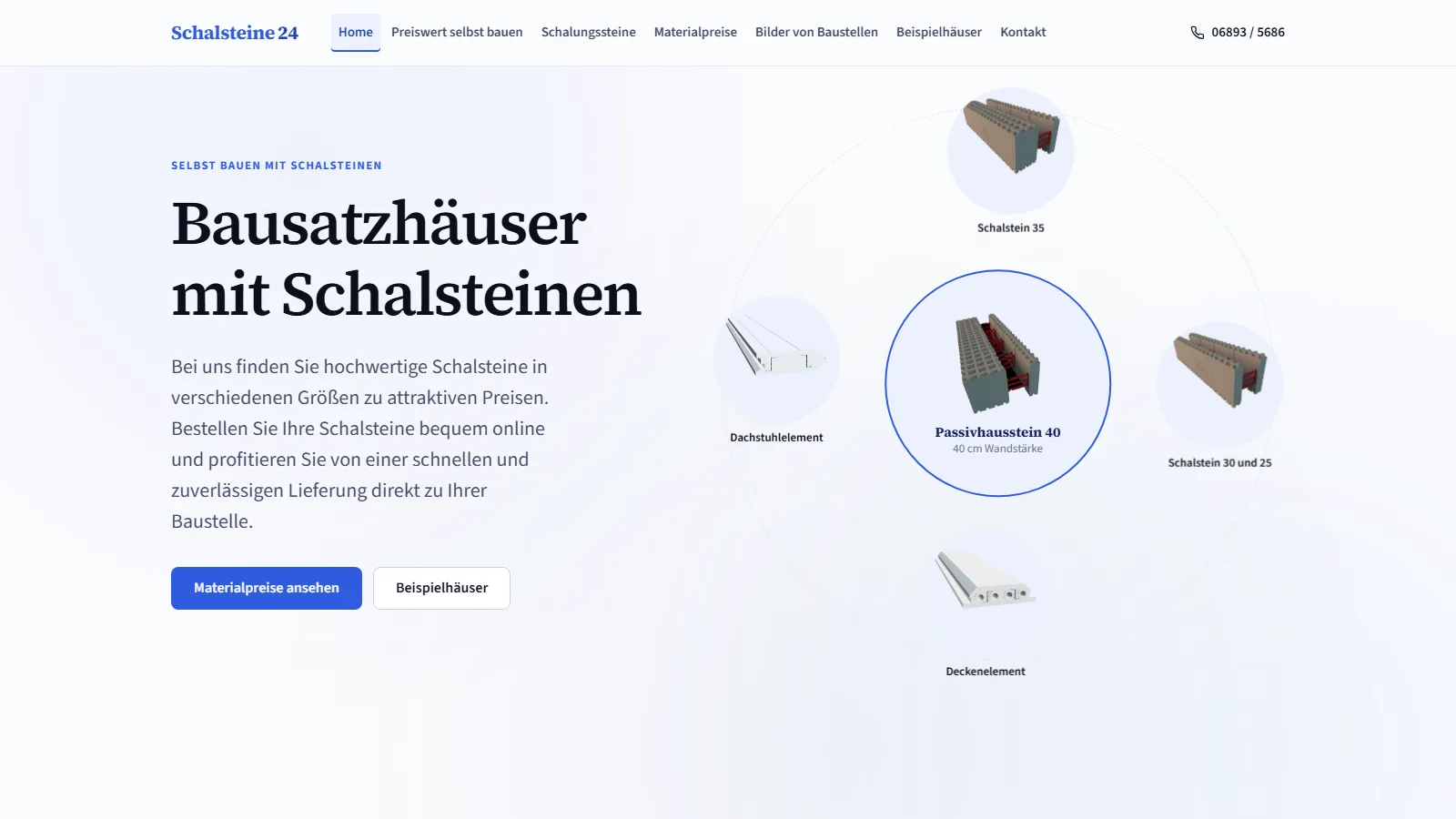 Startseite von schalsteine24.de am Desktop mit dem Materialkreis