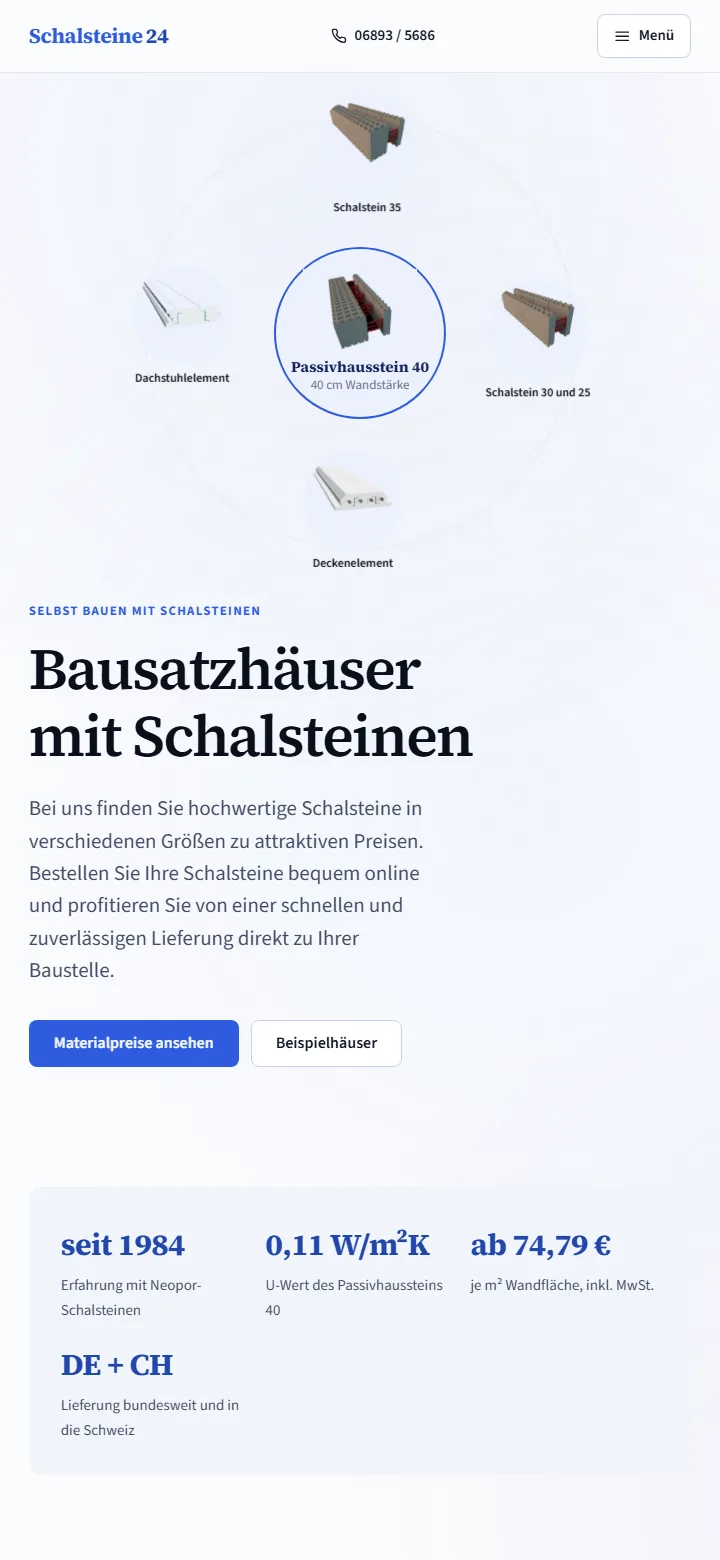 Mobile Ansicht der Startseite von schalsteine24.de
