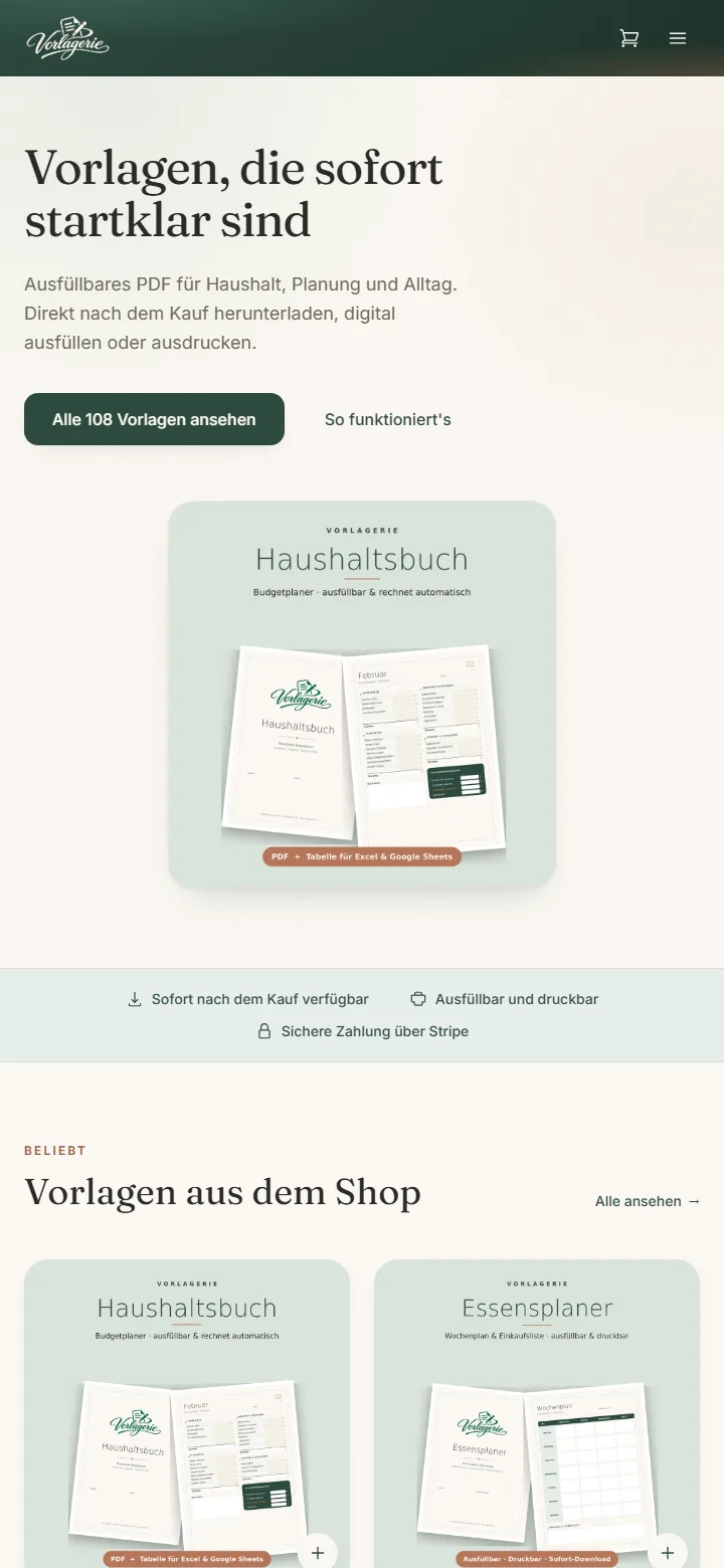 Mobile Ansicht der Startseite von vorlagerie.de