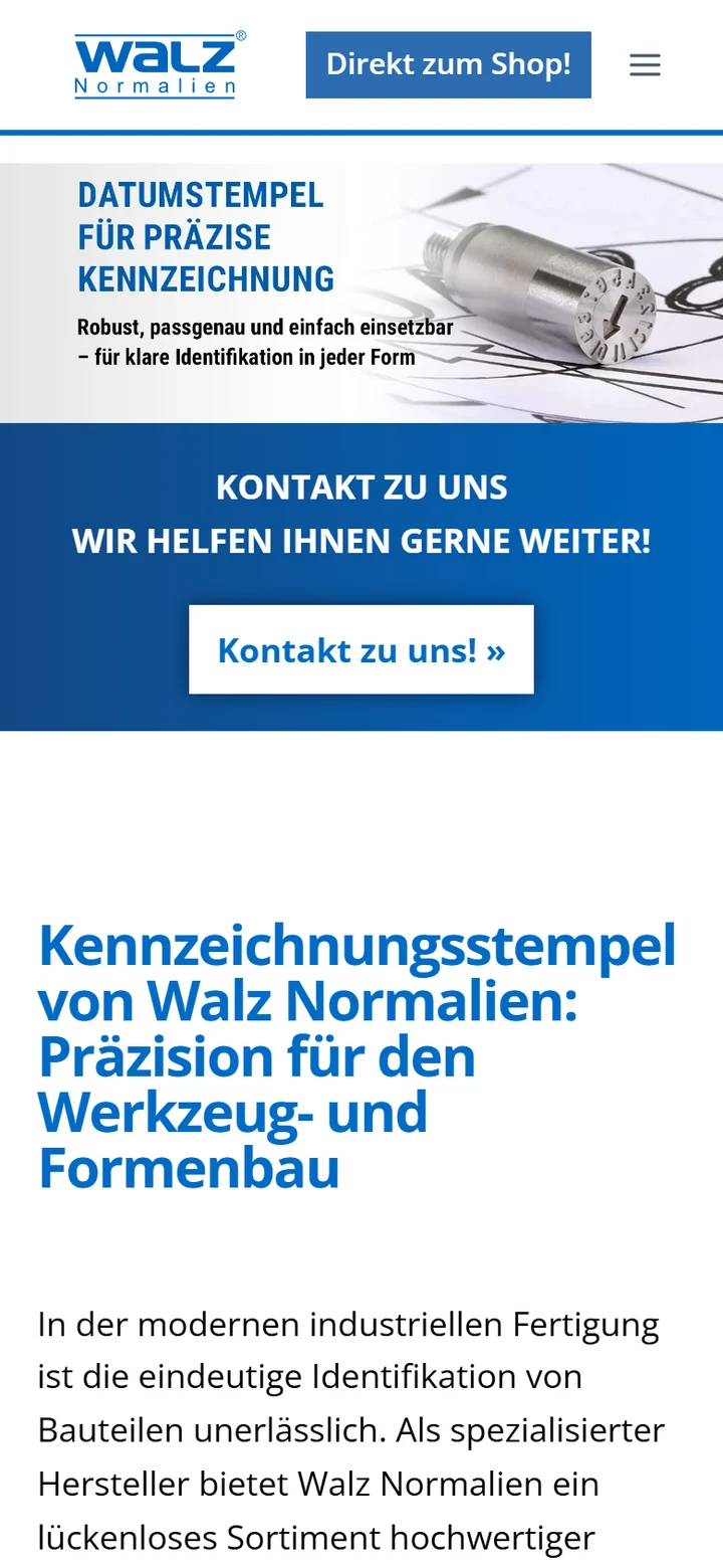 Mobile Ansicht der Kennzeichnungsstempel-Seite von walz-normalien.com