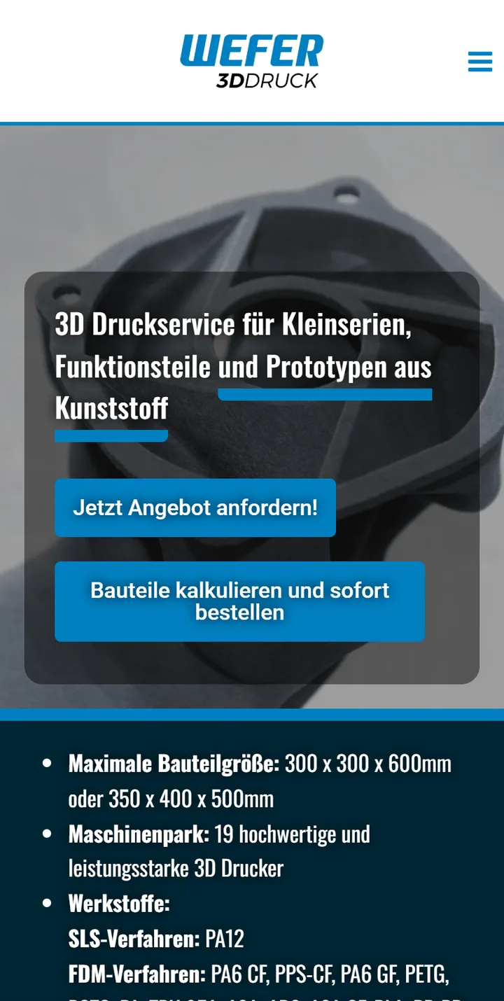 Mobile Ansicht der Startseite von wefer3d.com