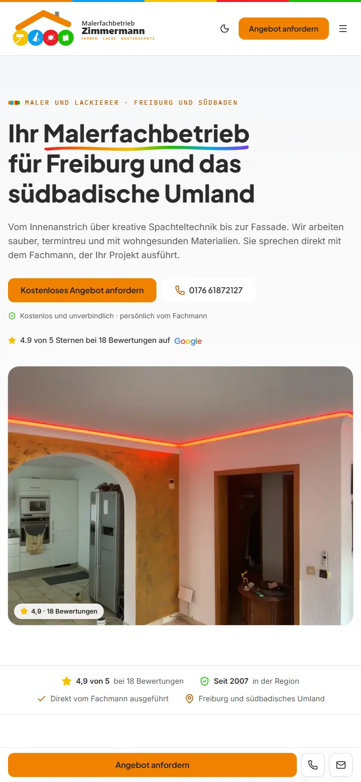 Mobile Ansicht der Startseite von malerfachbetrieb-zimmermann.de