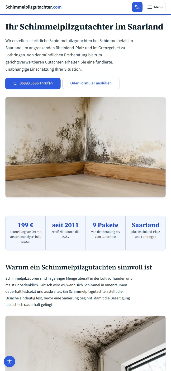 Mobile Ansicht der Startseite von schimmelpilzgutachter.com